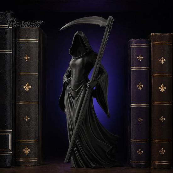 Mystical Fantasy Room Accents 3D Printed Female Grim Reaper Statue, Hooded Faceless Gothic Resin Figurine with Detachable Dark Academia Bookshelf