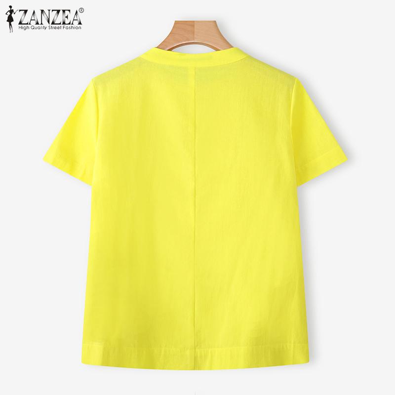 ZANZEA Lässige Bluse mit Rundhalsausschnitt, einfarbig, locker und kurzärmelig für Damen