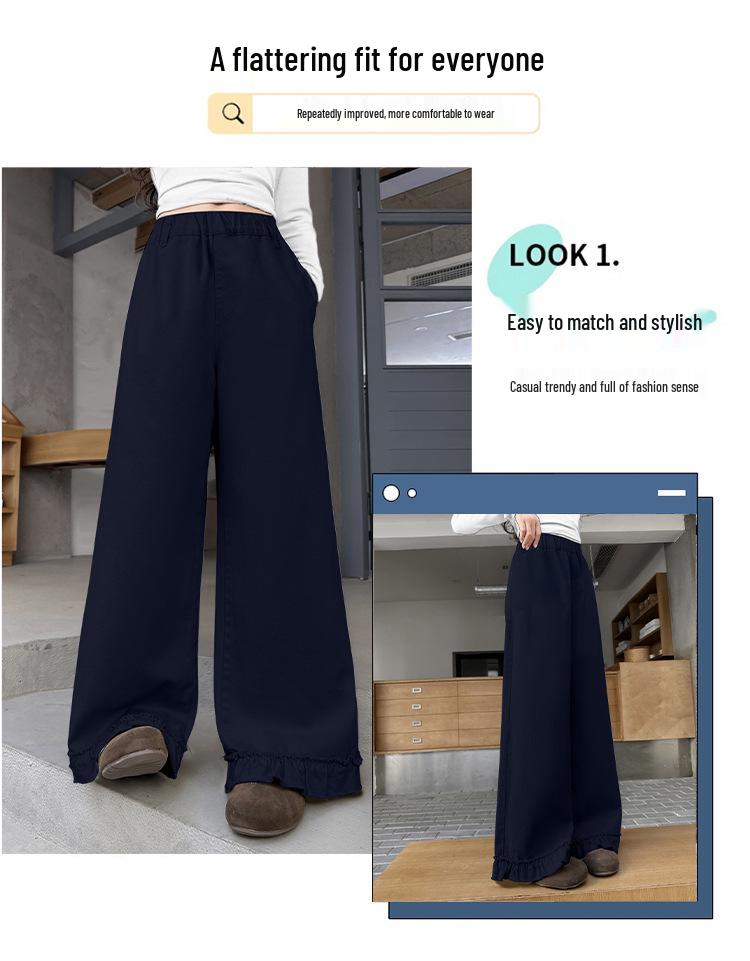 Girls' Fashionable Lace Wide-Leg Pants for Spring and Fall - Casual Straight-Leg Style for Middle and Big Girls