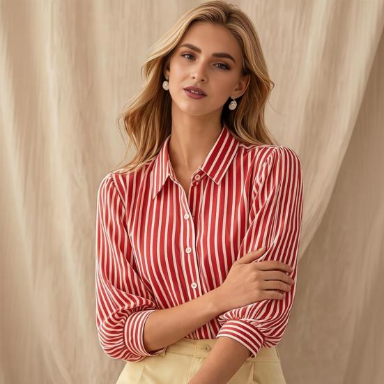 Women Shirt Lapel 46085 Puff Sleeves Button Placket Striped Print Summer Shirt Loose Fit