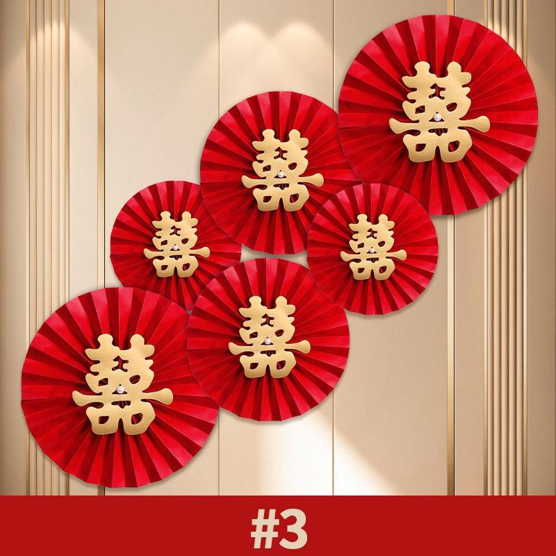 6PCS Red Hanging Paper Fan Chinese New Year Wedding Paper Fans Set Flower Paper Craft Background Wall Decor DIY Party Supplies