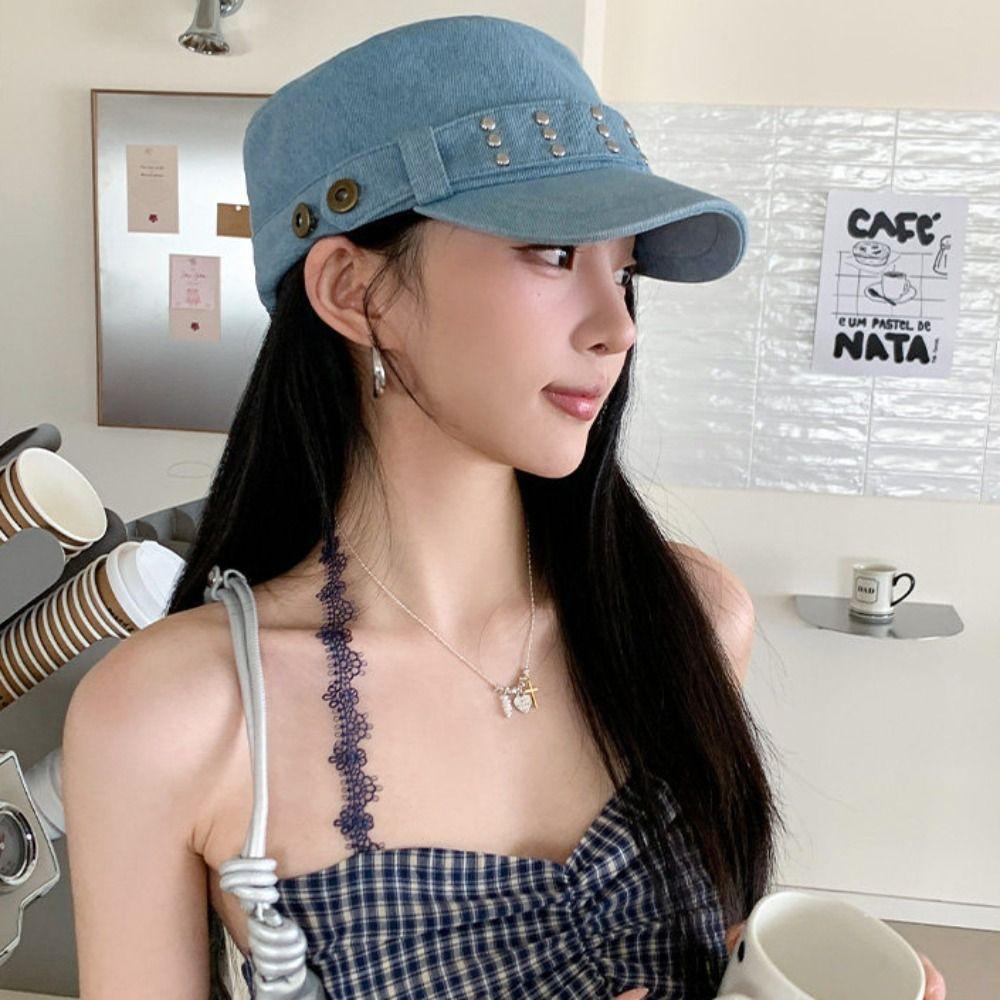 Washed Denim Rivet Flat Top Y2k Equestrian Hat Fashion Denim Octagonal Hat Travel