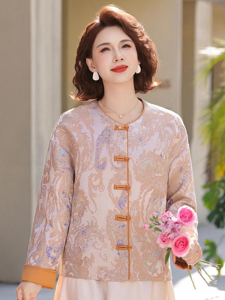 Qiaoya Ying Women's Tang Suit Jacket - 2026 Spring, Elegant Plus Size Chinese Style with Frog Buttons for Middle-aged and Elderly Mothers