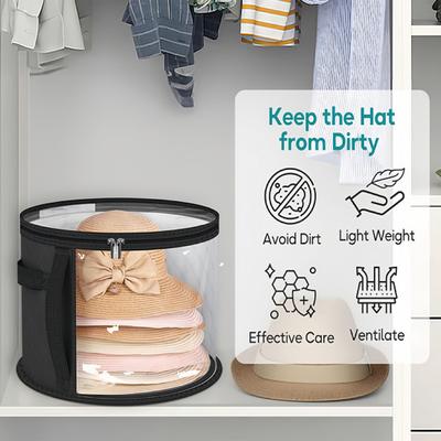 Round Hat Storage Case Hat Organizer with Clear Window Carrying Handle Wardrobe Hat Box Holds 3-5 Hats for Cowboy Hat Sun Hat