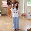 Girls' Summer Cartoon Print Short Sleeve & Plaid Wide-Leg Pants Set
