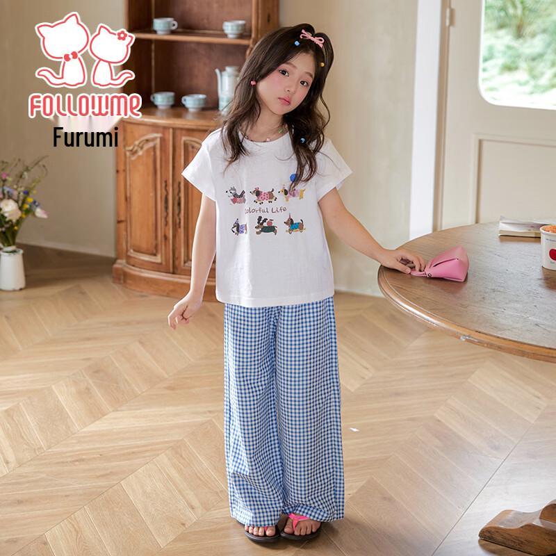 Girls' Summer Cartoon Print Short Sleeve & Plaid Wide-Leg Pants Set