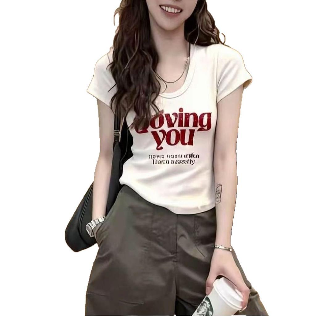 Short-sleeved T-shirt women's design sense niche summer new niche letter printing U-neck Spice Girl trendy slim shoulder