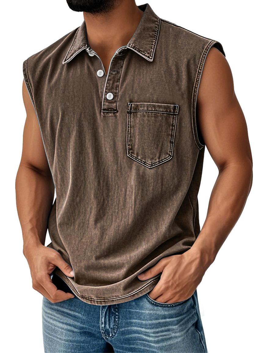 

Men s Denim Sleeveless Polo Shirt, Casual Button-Up Collar Shirt with Chest Pocket, Light Blue Retro Style 5XL
