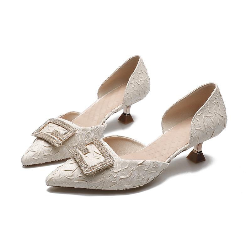 

2025 новые туфли-лодочки на высоком каблуке с металлической пряжкой со стразами, темпераментный каблук-рюмка, открытые сбоку туфли, простые полые женские туфли в стиле инс 39