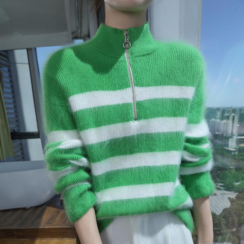 LeKasha Mink Cashmere Half-Zip Color Block Stripe Sweater