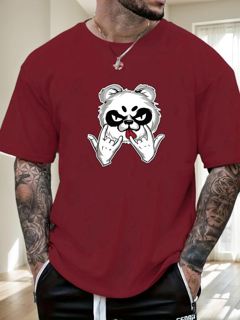 Mens Casual Tshirt Rock Panda Print Short Sleeve Round Neck Breathable Soft Oversized Edgy Trendy Daily Wear Tee