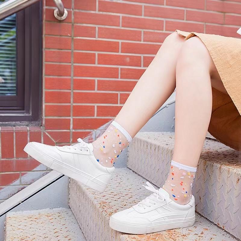 10 Pares Calcetín Mujer Flor Verano Encaje Cristal Seda de Vidrio Calcetines Cortos Finos Transparentes Jacquard Rosas Elásticos Calcetines Ultrafinos