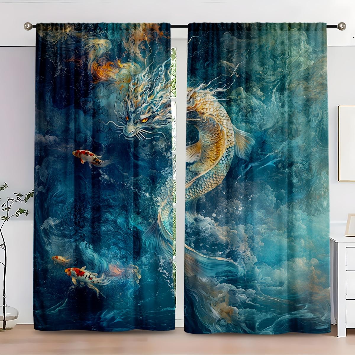 

Chinese dragon and koi fish curtains golden dragon with colorful carp on blue mist background living room blackout curtains 100*130 Grommet Top 1pcs