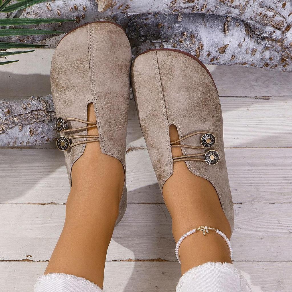 Women's Soft Leather Flat Casual Shoes, Round Toe Shallow Mouth Slip-On Loafers, Plus Size Comfort Footwear