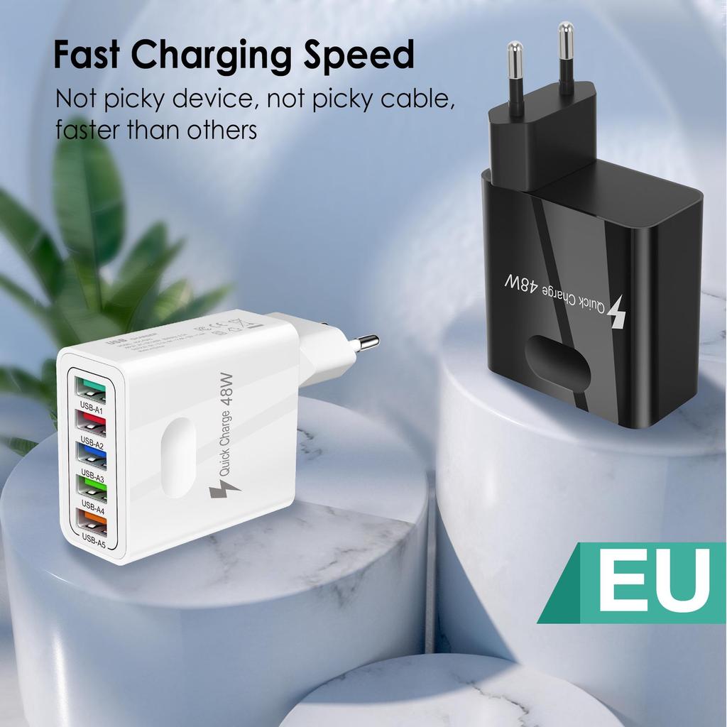 48W Multi-Port USB Mobile Charger with QC3.0 - EU/US/UK Fast Charging Adapter