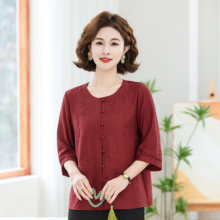 

Elegant Mid-Sleeve Round Neck Cardigan for Middle-Aged and Elderly - Stylish Loose, Belly-Covering Spring/Summer Top 5XL (Recommended 150-165 jin) красный