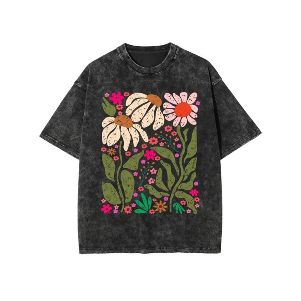 Watercolor Wildflower Butterfly Vintage Washed T-Shirt Oversized Y2K Crew Neck Short Sleeve Cottagecore Floral Print Tee