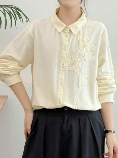 2026 Spring/Fall Women's Brushed Long-Sleeve Shirt with 3D Rose Design, Ideal for Layering.