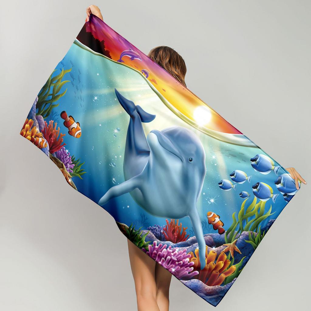 One Tropical Dolphin Pattern Beach Towel Quick Dry for Travel Yoga Fitness Swimming and Gaming Coastal Themed Rectangular Towel