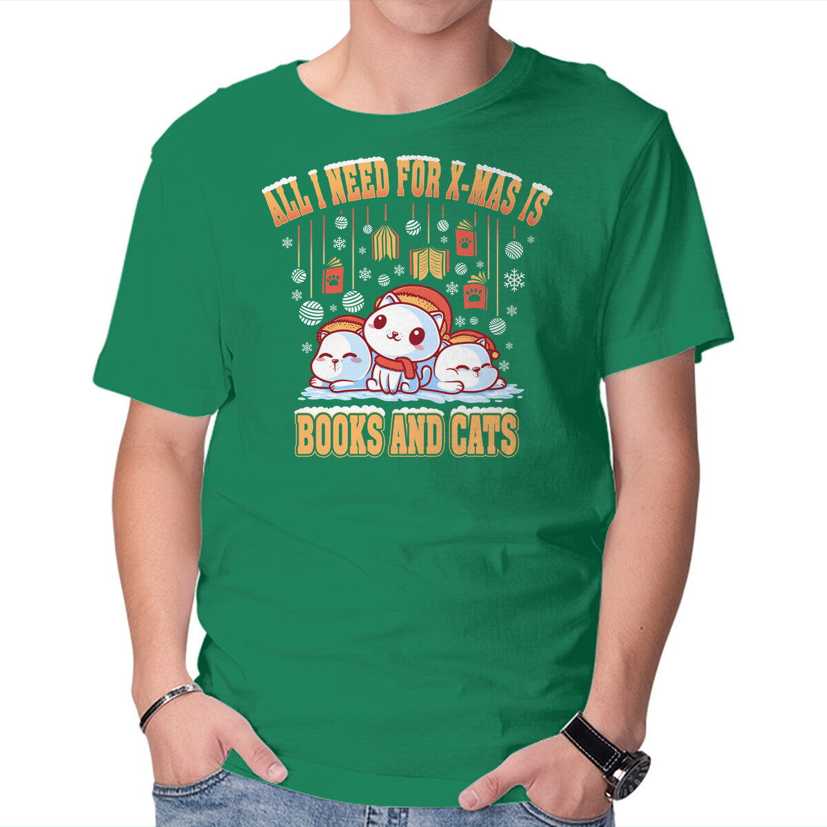 Unisex Crew Neck T-Shirt All I Need For Christmas Is Books And Cats Graphic Short Sleeve Casual Tee L