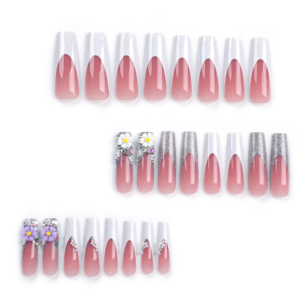 French White Edge Nail Blush Glitter Flower Manicure Film Super Long Pearl Fake Nail White Romantic Nail Film