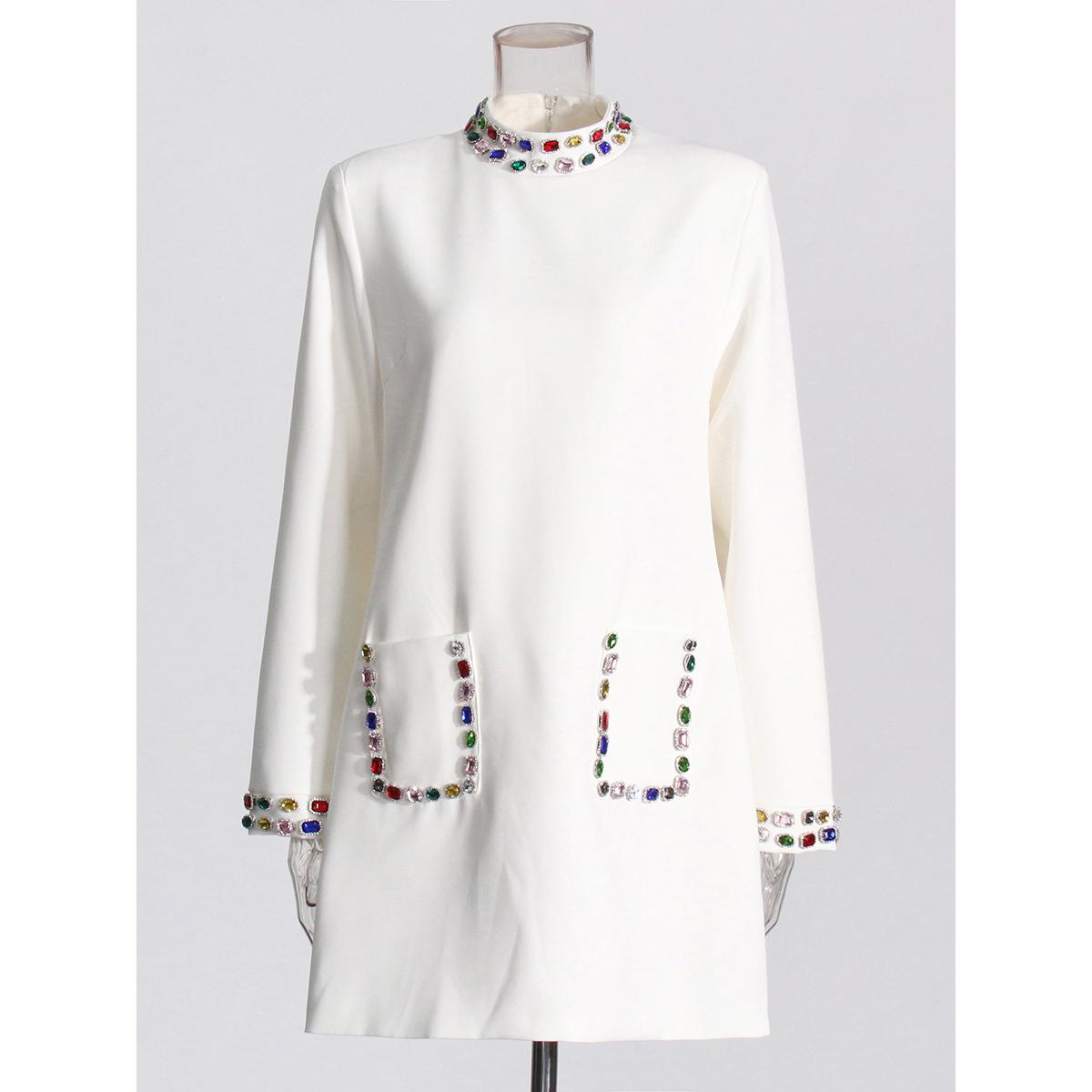 

Дизайнерская мода женское платье с цветным ромбом и стоячим вырезом с длинным рукавом XS белый