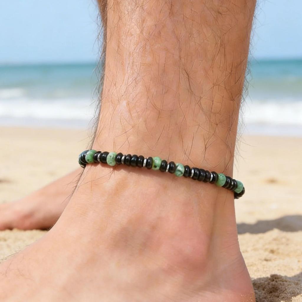 Modisches Boho Naturstein Fußkettchen für Herren Edelstahl Perlen Kette Fußkettchen Wasserdicht Fußschmuck Sommer Strandparty