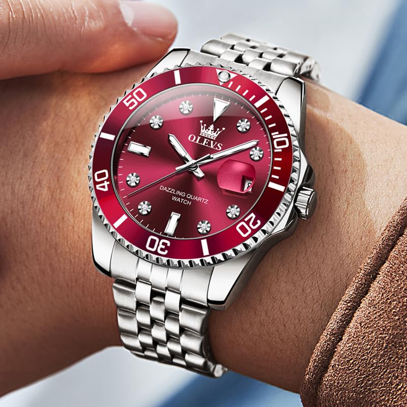 OLEVS Men's Quartz Watch, Business Style, Stylish, Waterproof, Diamond-Inspired, Metal Band, Date Display, Luminous, Gift, Red