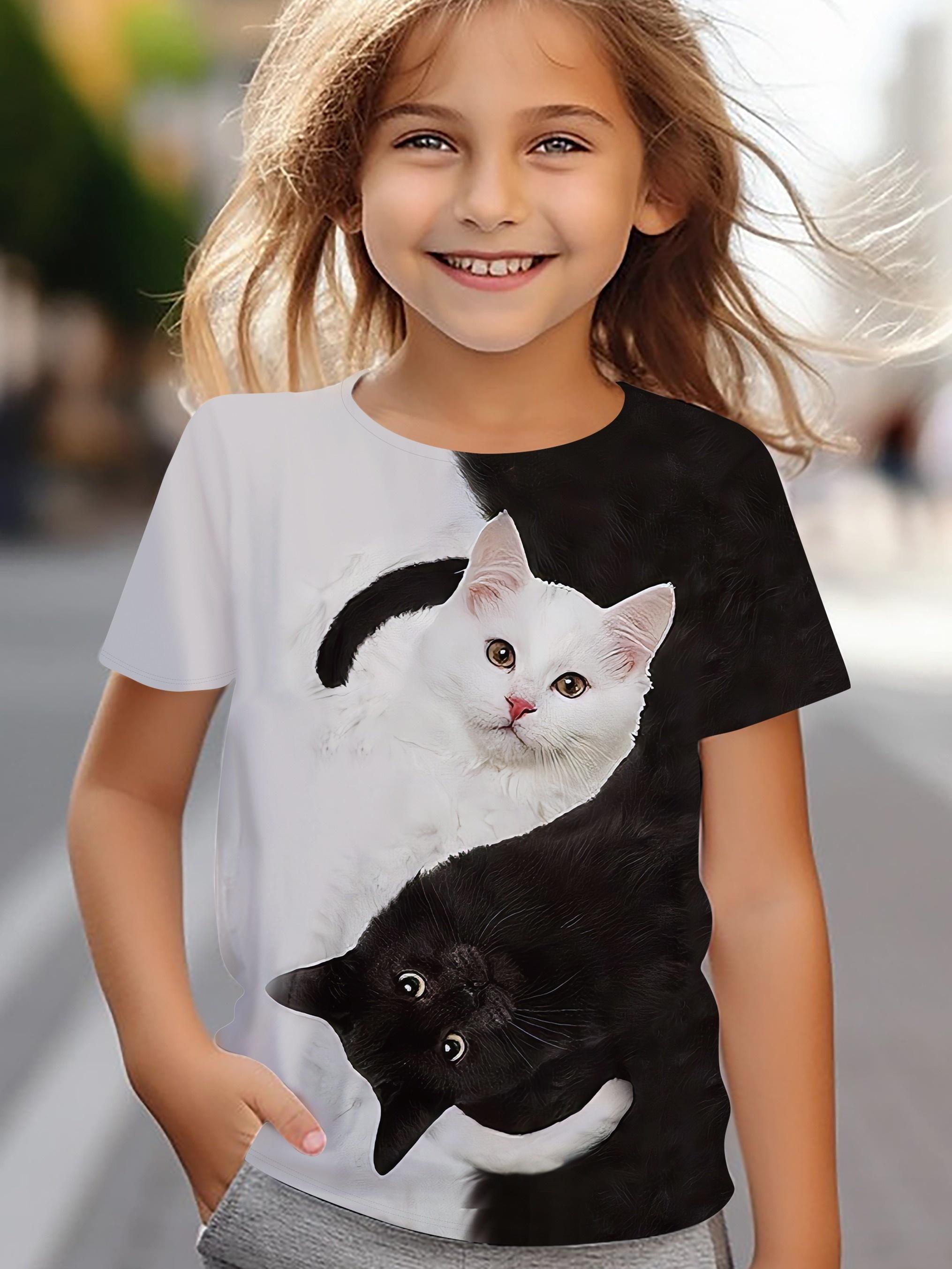 

3D Принт Черно-белый кот Футболка с коротким рукавом и круглым вырезом Топы для девочек Лето 160