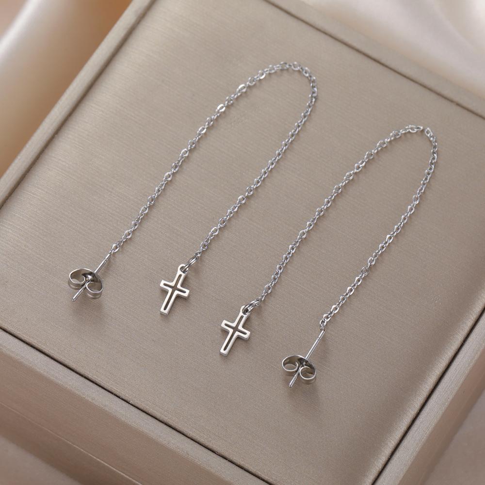 Dawapara Cross Long Earrings for Women Stainless Steel Tassel Earrings Christian Symbol Minimalism Cross Charm Religious Jewelry
