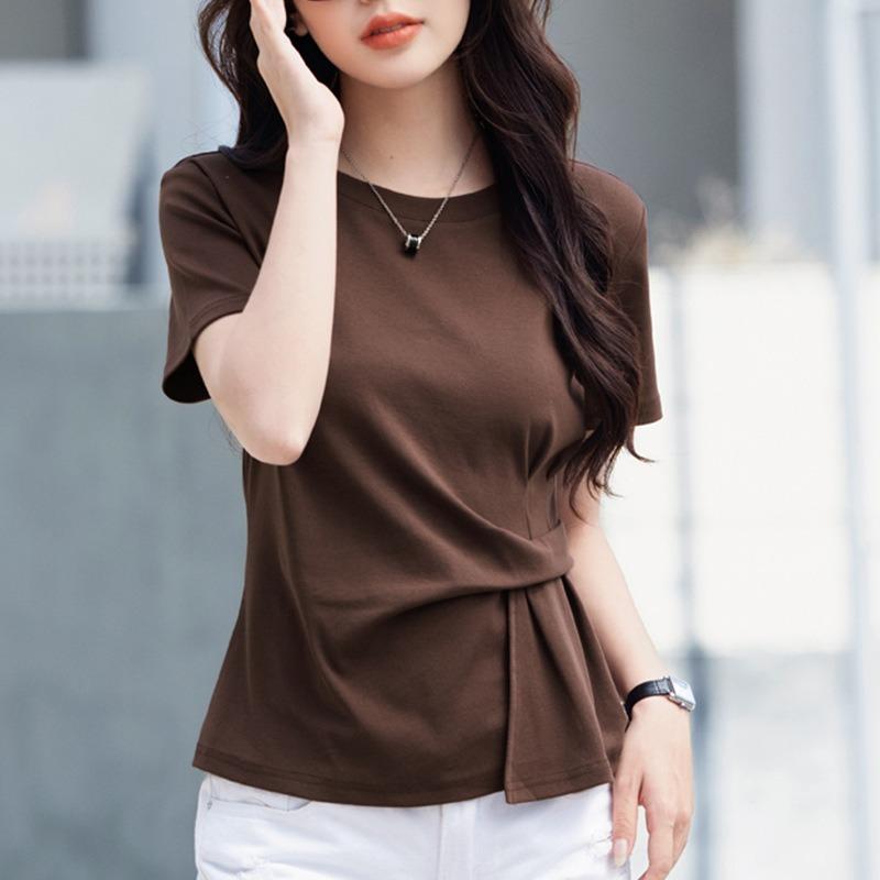 Mode Manches Courtes Femme Nouvelle Collection Été Couleur Unie Col Rond Manches Mi-longues Mode Plissé Haut Haut de Gamme