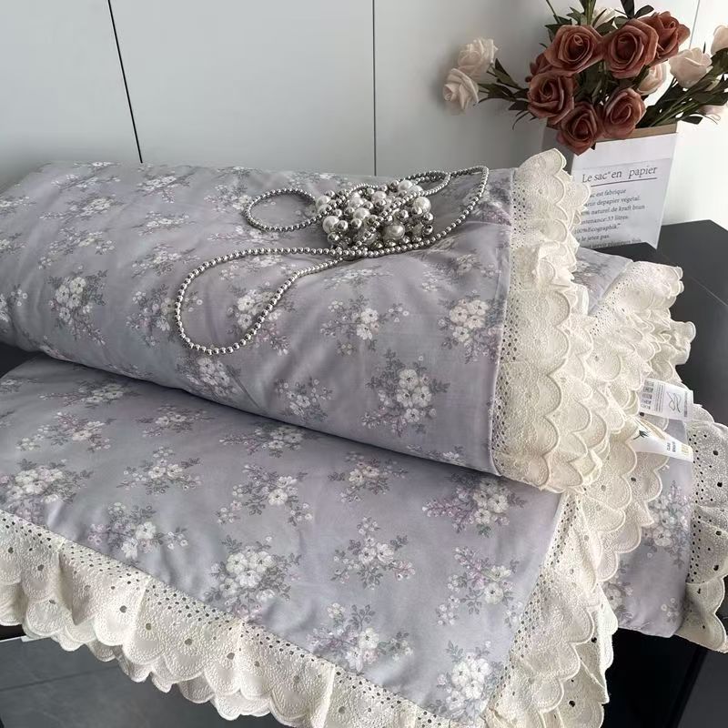 Lace Pure Cotton Quilt 200x230cm Comforter Thin Summer Floral Printed Double Layer Gauze Quilted Blanket Queen Size Bedding