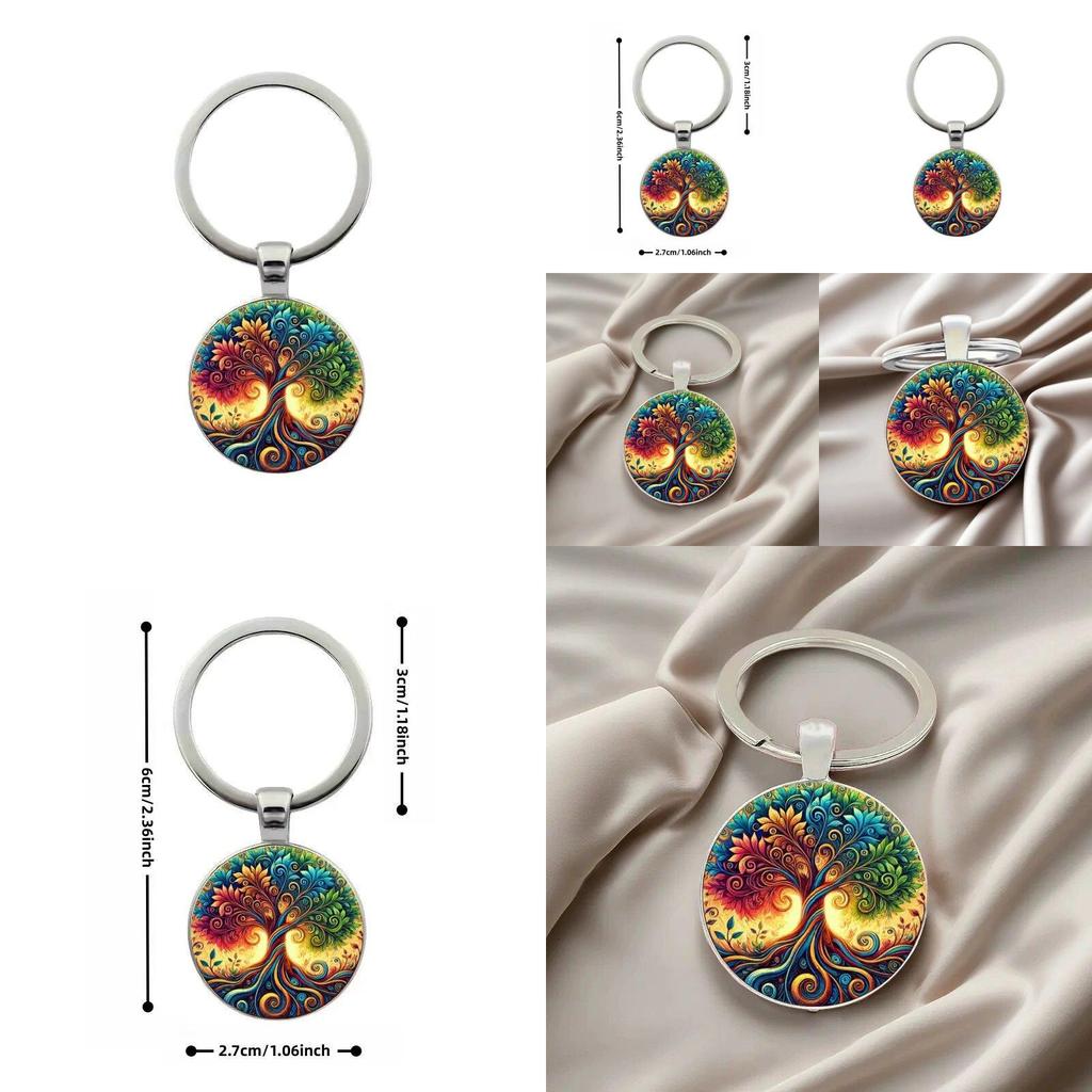 Life Tree Glass Pendant Keyring With Colorful Line Pattern For Festival And Recognition Gifts
