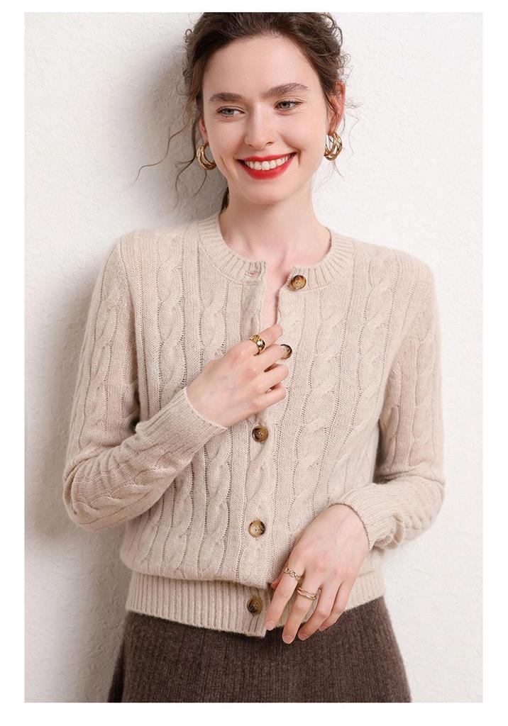 Damen Kaschmir Zopfmuster Cardigan - Rundhalsausschnitt, Langarm, Unifarben, Knopfleiste Pullovermantel für Herbst/Winter