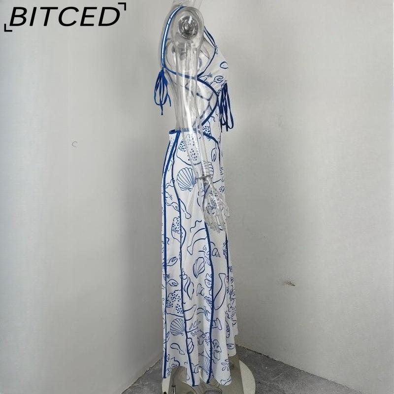 BITCED Women's Strapless Dress: Elegant Print Casual Tie-Waist Crop Top Sexy Dress