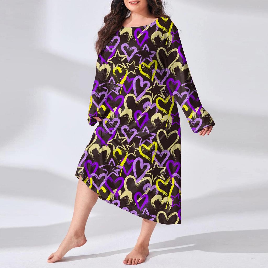 Women's Fashionable Plus Size Pajamas Round Neck Long Sleeved Print Length Nightgown Dress Clothes Sale