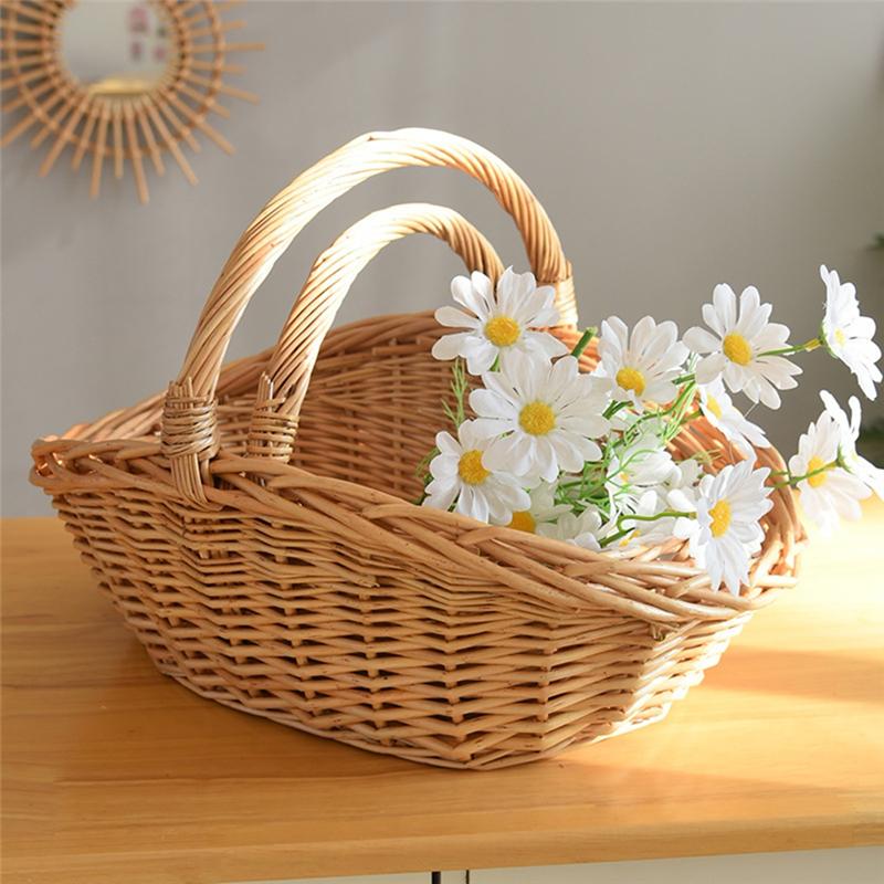 M-Modern-Willow Fruit Picnic Basket Rattan Egg Basket Kitchen Storage Basket Bamboo Portable Vegetable Basket Storage Basket