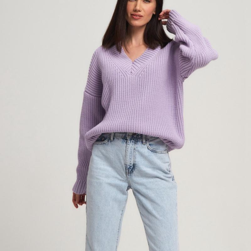 Damski sweter jesienno-zimowy z dekoltem w szpic, w jednolitym kolorze, z długim rękawem, luźnym, dzianinowym swetrem na wszystkie mecze