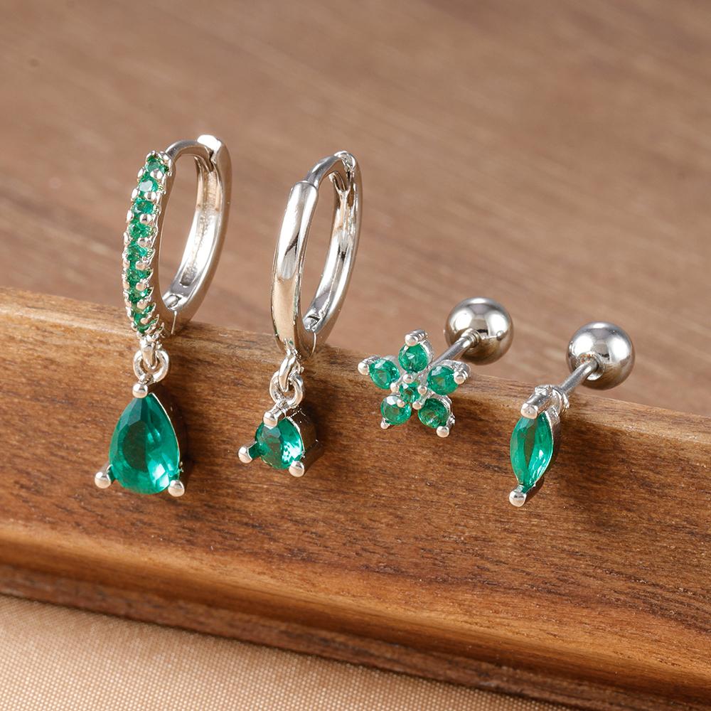 4PCS New Design Stainless Steel Water Drop Cubic Zirconia Dangle Earrings Set Flowers Horse Eyes Stud Piercing Earring Jewelry