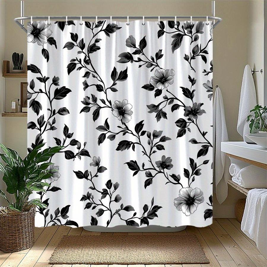 1pc Black and white floral patterned shower curtain, polyester fabric, machine washable, suitable for bathroom décor.