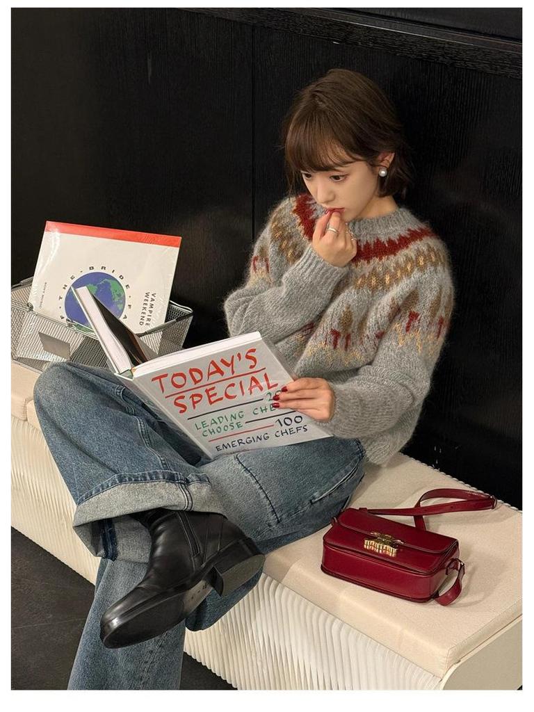 Navy Blue Fair Isle Knit Mohair Sweater for Women - Autumn/Winter Korean Style Christmas Atmosphere Loose Fit