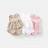 Girls Cotton Crepe Vest Set Sweet Bow Top With Ruffled Shorts Casual Fashionable Two Piece Outfit For Kids