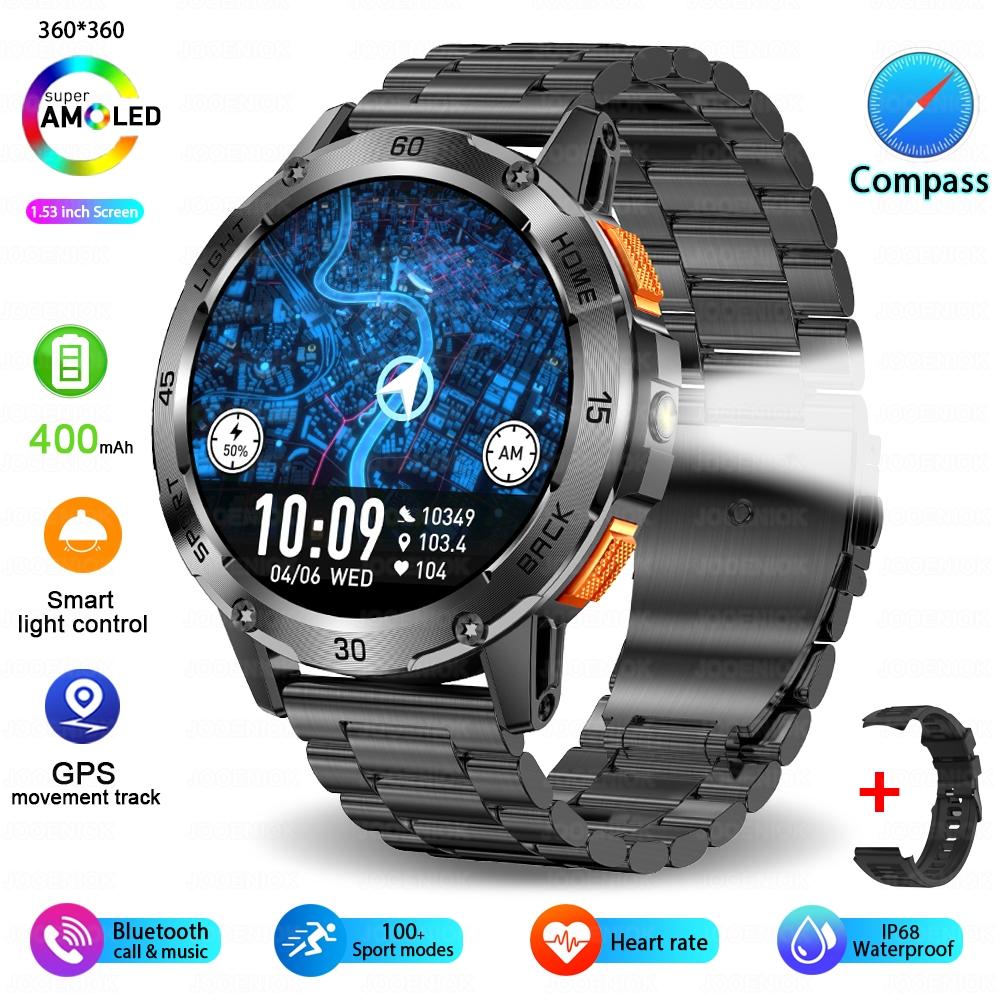 New Outdoor Military Smart Watch Men 1.53" AMOLED Screen IP68 Waterproof Compass Bluetooth Call Sports Bracelet