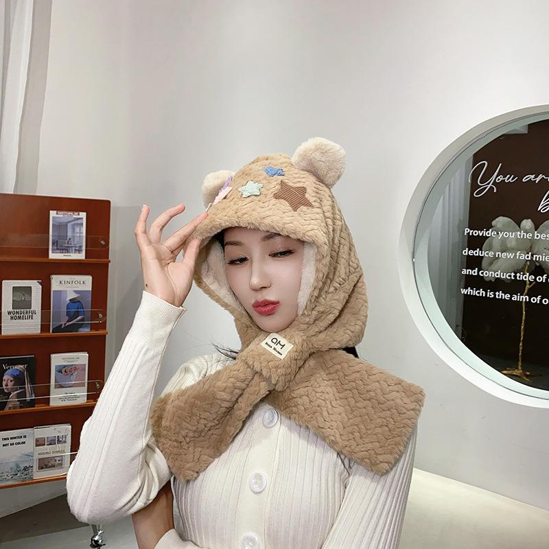 Cute bear star child scarf integrated autumn and winter warm and cold cycling plush hat woman