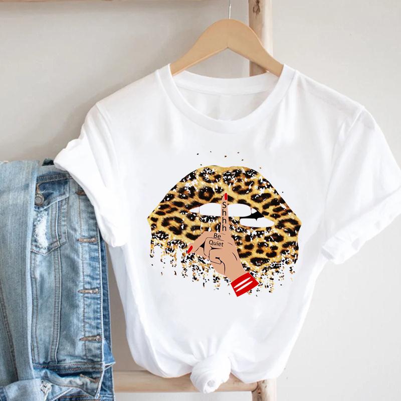 Women Tee Top Summer Fashion Print T-shirt O-neck Leopard Trend Lip Lady Female Clothing Casual Short Sleeve Graphic T-shirt
