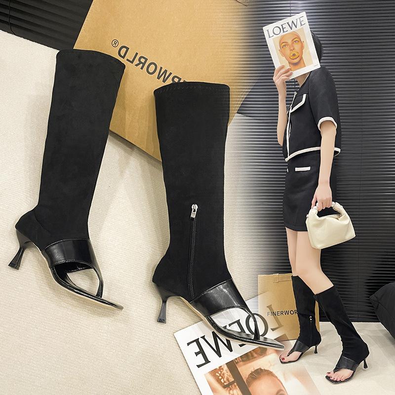 2025 spring and summer new niche design open-toed pinch-toe thin-heeled cool boots women's large-size herringbone sandals medium tube fashion boots