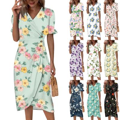 Sukienki plażowe dla kobiet Wiosna lato Elegancka, kopertowa sukienka z dekoltem w kształcie litery V, kwiecista sukienka Boho, zwiewna, marszczona, hawajska sukienka maxi