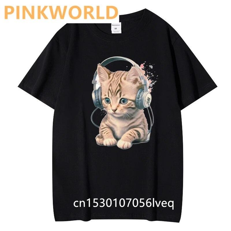 Женская футболка Kawaii с котенком и наушниками, красная футболка с коротким рукавом и круглым вырезом, женская футболка, топы, одежда Camisetas Mujer L