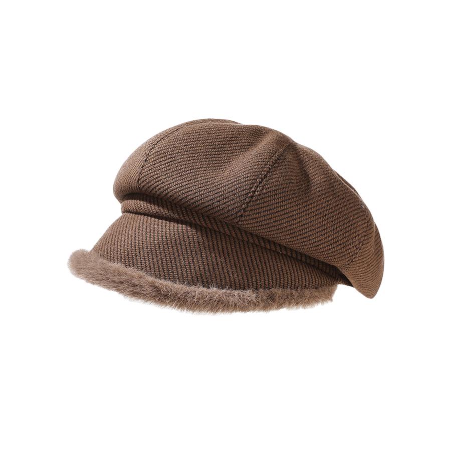 Thick Plush Octagonal Hat Women's British Solid Color Painter Hat Autumn Winter Newsboy Hat