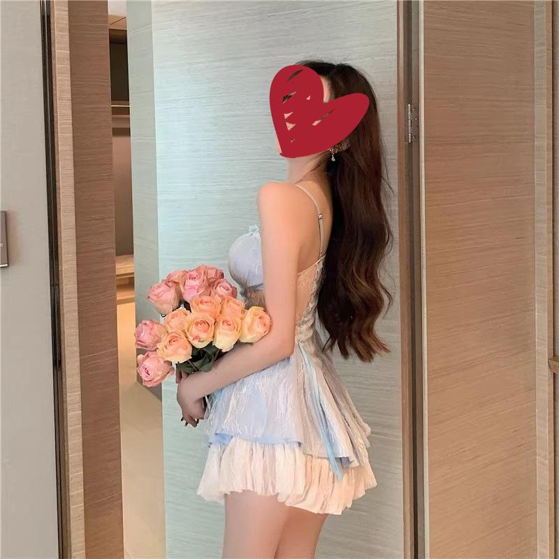 Elegant French Camisole Dress: Women's Summer Chic with Pure Net Yarn Design and Puffy Short Skirt